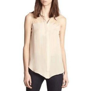 Haute Hippie White Lace Yoke Collared Sleeveless Hidden Button Silk Blouse L